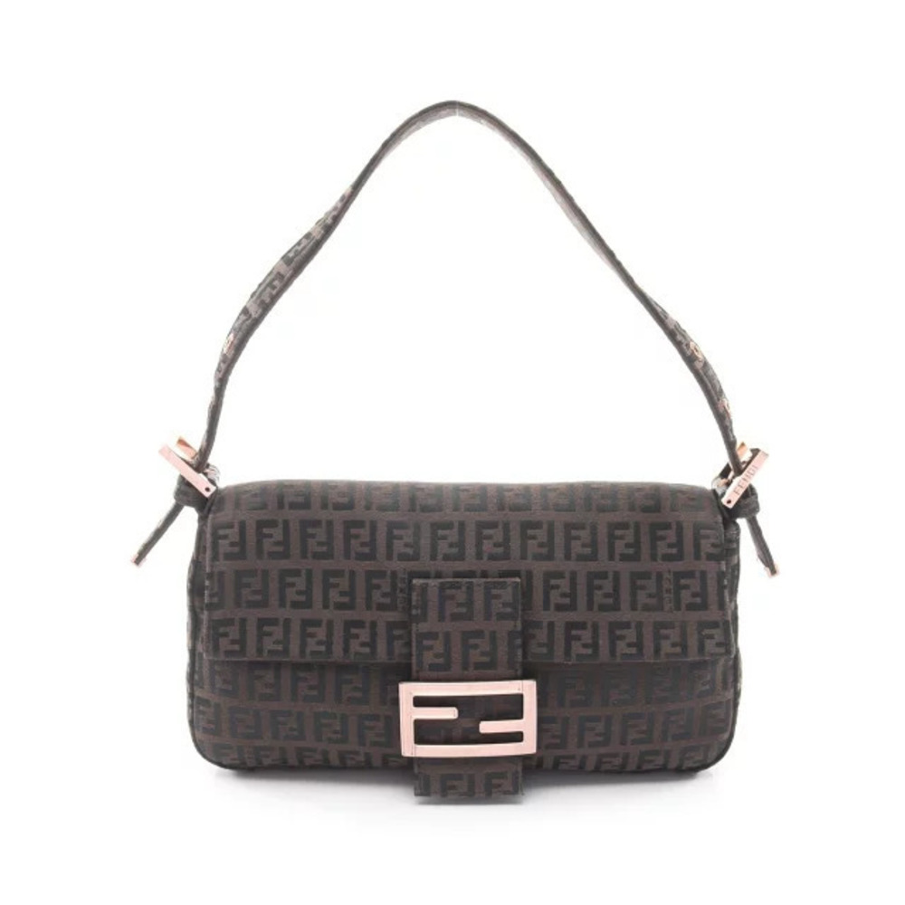 Fendi Mamma Bucket Zucchino Handbag Canvas Leather Brown Black